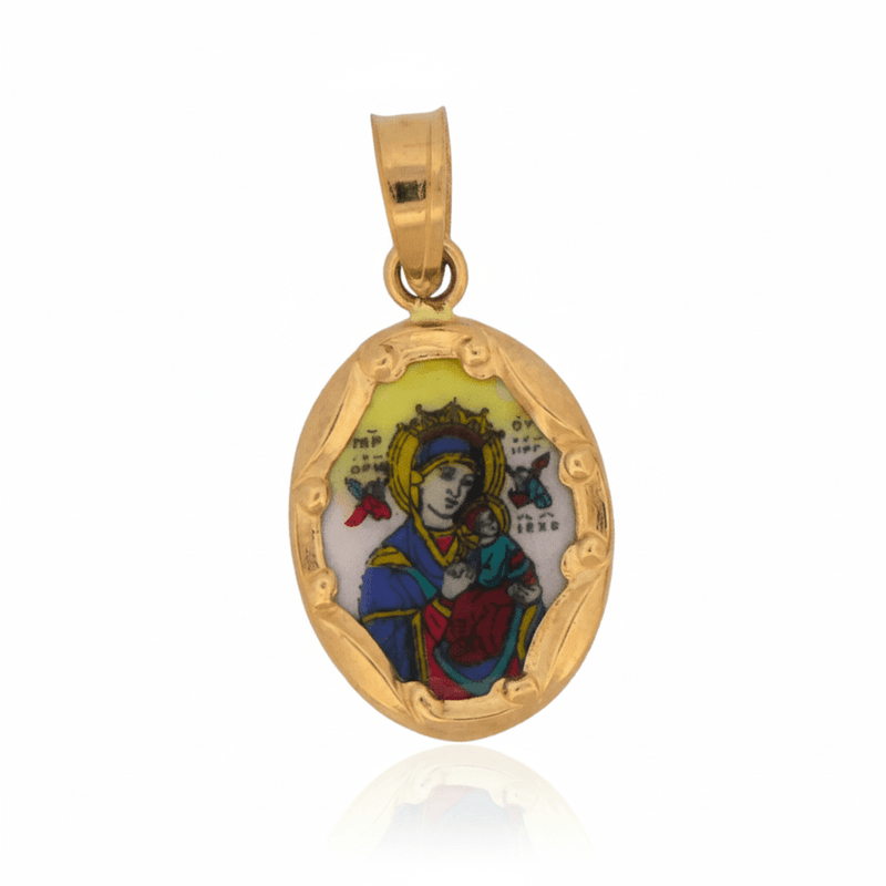 14k Gold and Hand - Painted Porcelain Perpetual Help Oval 0.3" x 0.5" - Guadalupe Gifts