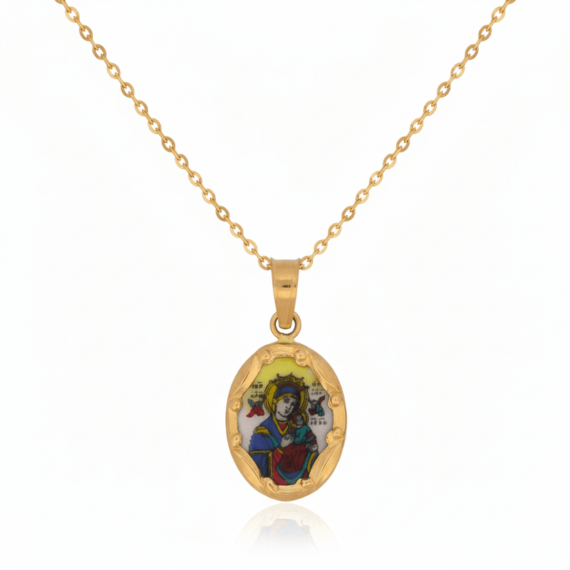 14k Gold and Hand - Painted Porcelain Perpetual Help Oval 0.3" x 0.5" - Guadalupe Gifts