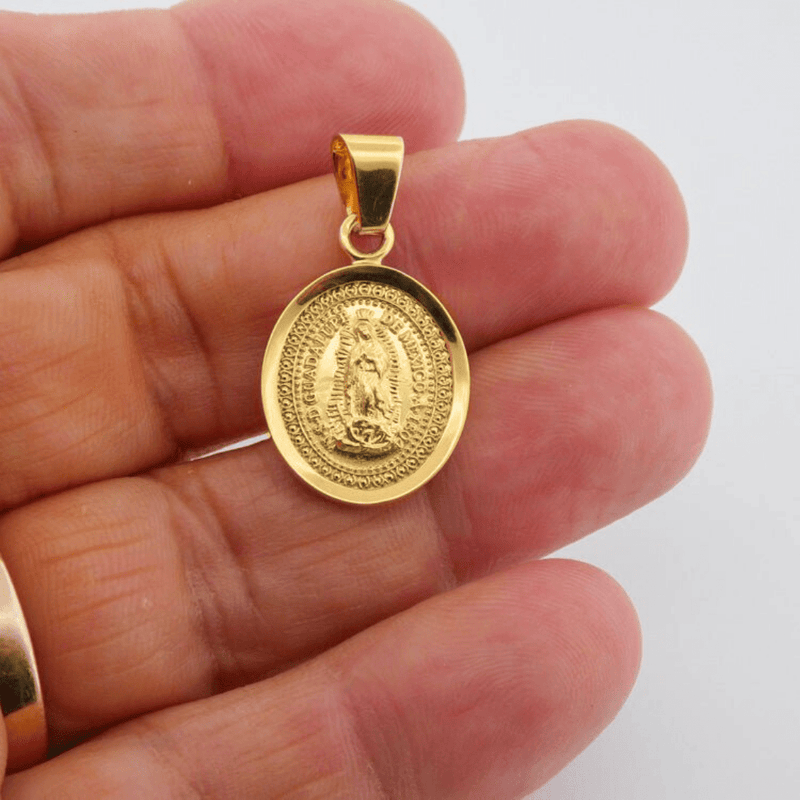 14k Gold Bezel Virgen de Guadalupe Small Medal 0.8" X 0.6" - Guadalupe Gifts