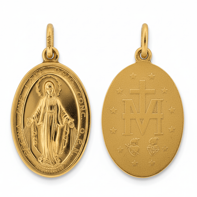 14k Gold Miraculous Medal Large Pendant 1" x 0.6" - Guadalupe Gifts