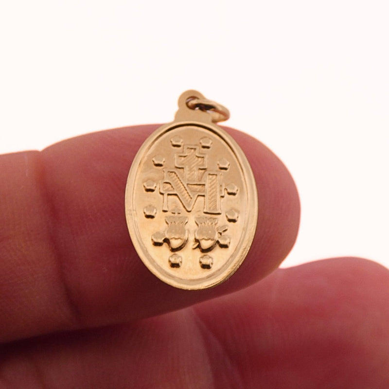 14k Gold Miraculous Medal Oval Pendant 0.4" X 0.7" - Guadalupe Gifts