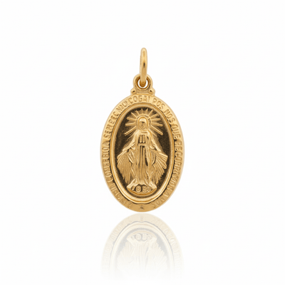 14k Gold Miraculous Medal Oval Pendant 0.5" X 0.8" - Guadalupe Gifts
