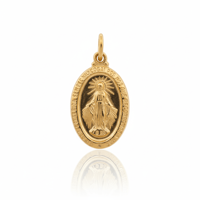 14k Gold Miraculous Medal Oval Pendant 0.5" X 0.8" - Guadalupe Gifts