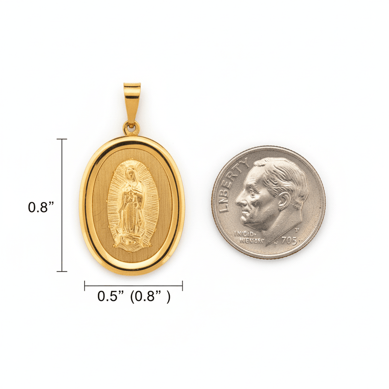 14k Gold Virgen de Guadalupe Oval Pendant 0.5" X 0.8" - Guadalupe Gifts
