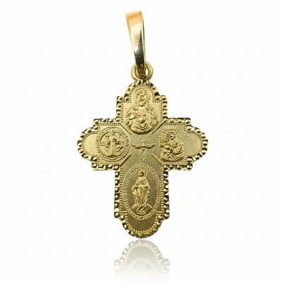 14kt Yellow Gold Four Way Cross Pendant 1" x 0.7" - Guadalupe Gifts