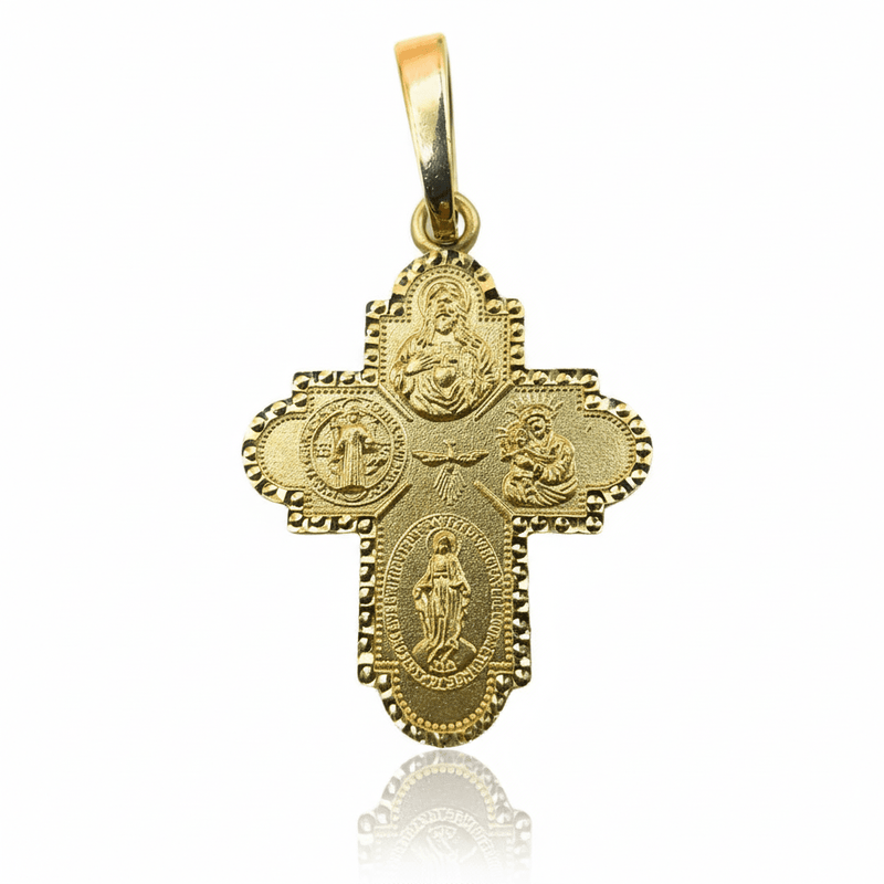 14kt Yellow Gold Four Way Cross Pendant 1" x 0.7" - Guadalupe Gifts