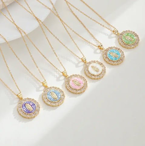 18K Gold Plated Mary Necklace with Crystals - Multiple Colors - Guadalupe Gifts