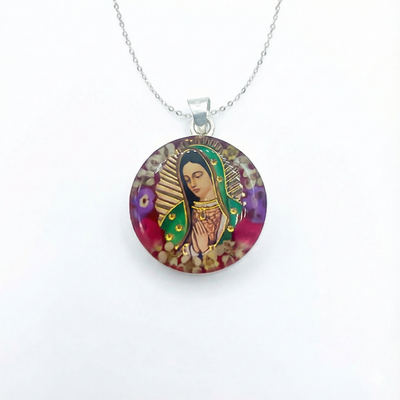 Our Lady of Guadalupe Small Round Pendant w/ Pressed Flowers 18-inch