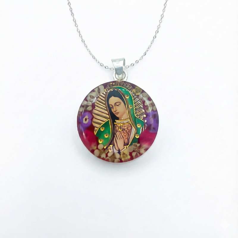 Our Lady of Guadalupe Small Round Pendant w/ Pressed Flowers 18-inch