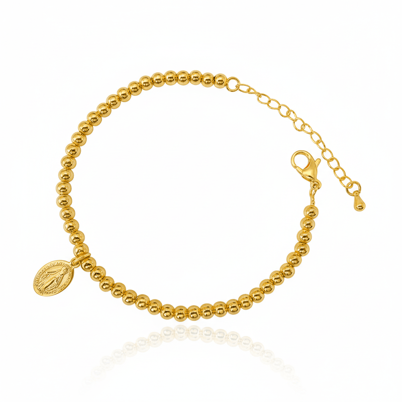 Adjustable Gold - Plated Beaded Chain Bracelet with Miraculous Medal Charm 7"+2" - Guadalupe Gifts