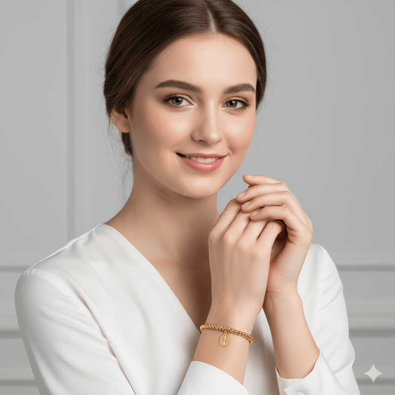 Adjustable Gold - Plated Beaded Chain Bracelet with Miraculous Medal Charm 7"+2" - Guadalupe Gifts