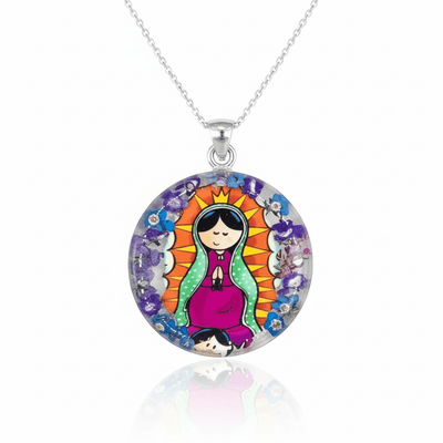 Baby Guadalupe Medium Round Pendant w/ Pressed Flowers 18 - inch - Guadalupe Gifts