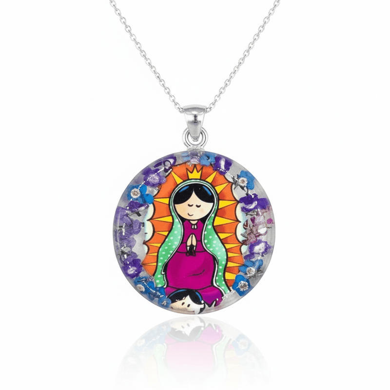 Baby Guadalupe Medium Round Pendant w/ Pressed Flowers 18 - inch - Guadalupe Gifts