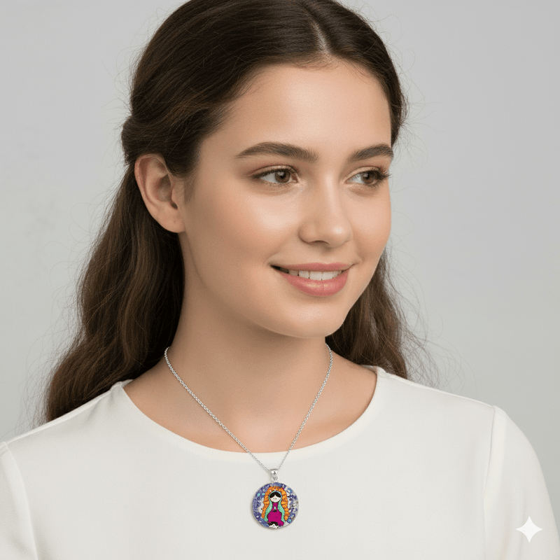 Baby Guadalupe Medium Round Pendant w/ Pressed Flowers 18 - inch - Guadalupe Gifts