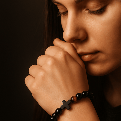 Black Beaded Cross Bracelet with Tiger Eye Accent – Unisex Catholic Jewelry 7" - Guadalupe Gifts