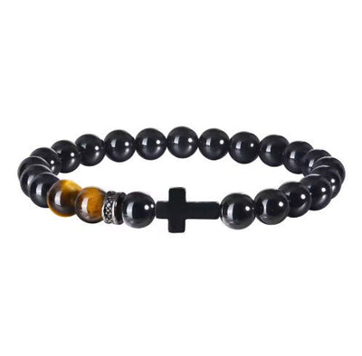 Black Beaded Cross Bracelet with Tiger Eye Accent – Unisex Catholic Jewelry 7" - Guadalupe Gifts