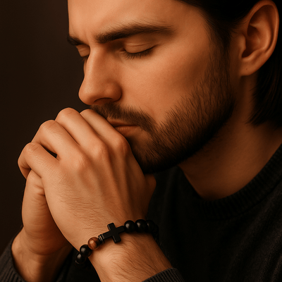 Black Beaded Cross Bracelet with Tiger Eye Accent – Unisex Catholic Jewelry 7" - Guadalupe Gifts