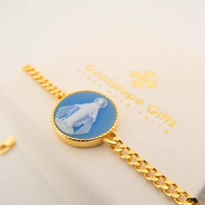 Blue Agate Virgin Mary Bracelet with Cuban Link Chain – Gold Vermeil, 7"+1" - Guadalupe Gifts