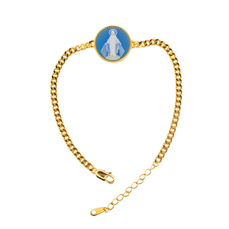 Blue Agate Virgin Mary Bracelet with Cuban Link Chain – Gold Vermeil, 7"+1" - Guadalupe Gifts