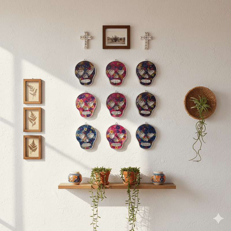 Calavera Wall Ornament w/ Pressed Flowers 5" x 3.5" - Guadalupe Gifts