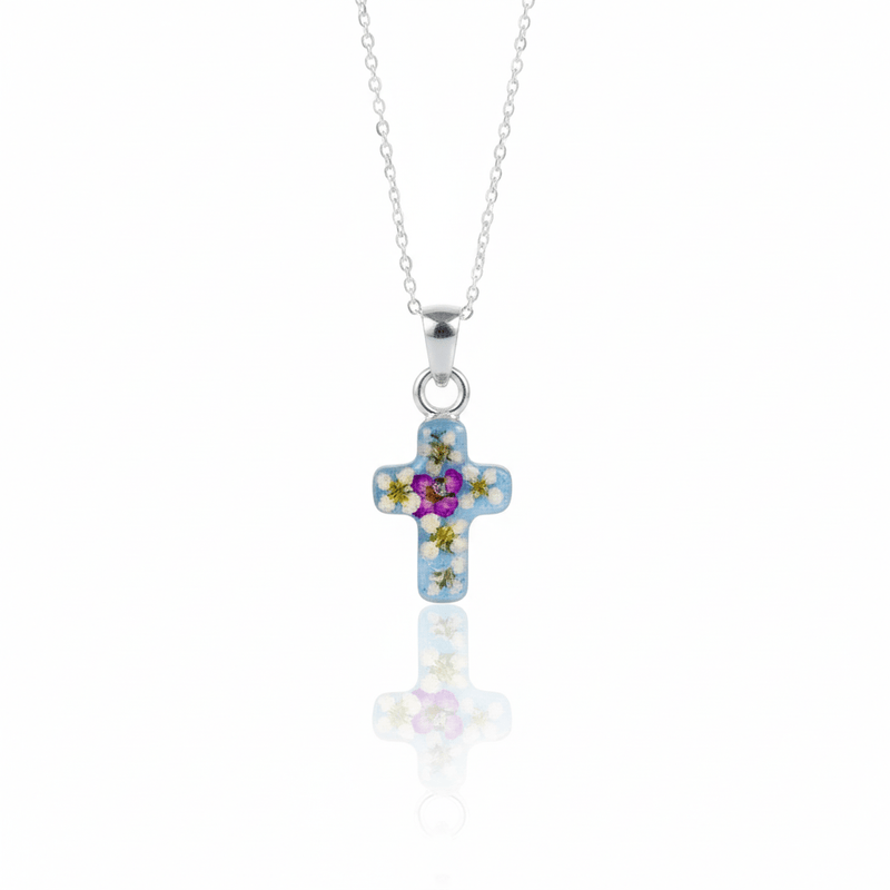 Dainty Cross Necklace w/ Pressed Flowers 18 - inch - Guadalupe Gifts