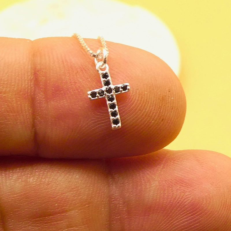 Dainty Silver Cross Necklace with Black Cubic Zirconia - Made in Italy 17" - Guadalupe Gifts