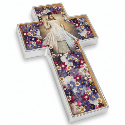 Divine Mercy Grand Wall Cross w/ Pressed Flowers 11" - Guadalupe Gifts