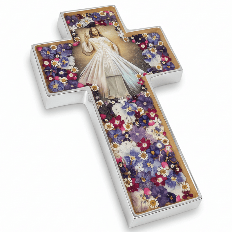 Divine Mercy Grand Wall Cross w/ Pressed Flowers 11" - Guadalupe Gifts