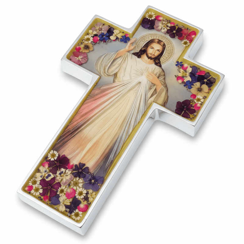 Divine Mercy Grand Wall Cross w/ Pressed Flowers 11" - Guadalupe Gifts