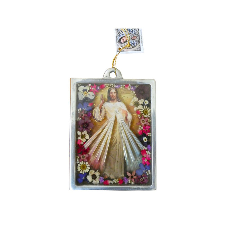 Divine Mercy Wall Frame w/ Pressed Flowers 4.5" x 3.2" - Guadalupe Gifts