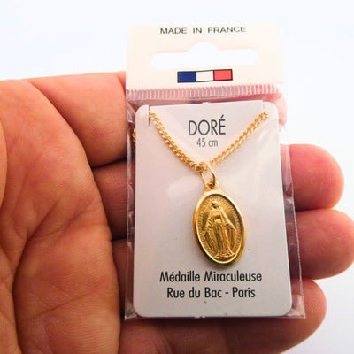 Dore Miraculous Medal Blue Necklace 18" | France | Rue du Bac - Guadalupe Gifts