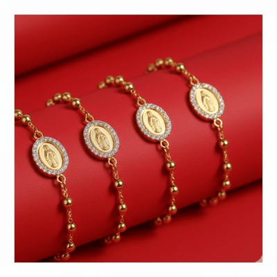 Gold Guadalupe Rosary Bracelet w/ Zirconia 7.5 - inch - Guadalupe Gifts