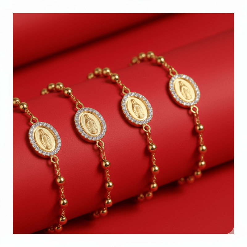 Gold Guadalupe Rosary Bracelet w/ Zirconia 7.5 - inch - Guadalupe Gifts