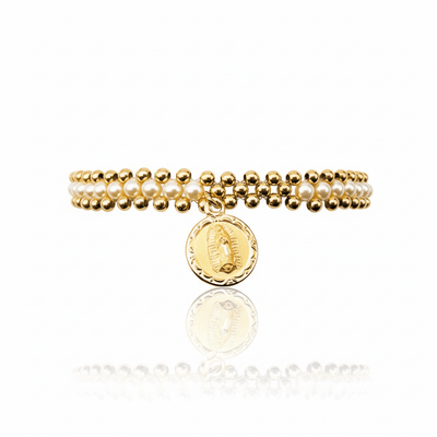 Gold Our Lady of Guadalupe Elastic Bracelet w/ Beads and Pearls 7.5 - inch - Guadalupe Gifts