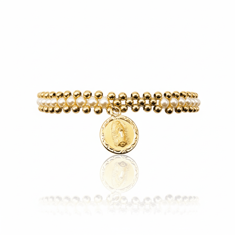 Gold Our Lady of Guadalupe Elastic Bracelet w/ Beads and Pearls 7.5 - inch - Guadalupe Gifts