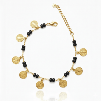 Gold - Plated Black Bead Coin St Benedict Bracelet 8" - Guadalupe Gifts