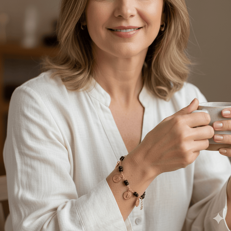 Gold - Plated Black Bead Coin St Benedict Bracelet 8" - Guadalupe Gifts