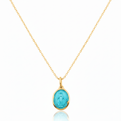 Gold - Plated & Blue Enamel Miraculous Medal Necklace 18" | France | Rue du Bac - Guadalupe Gifts