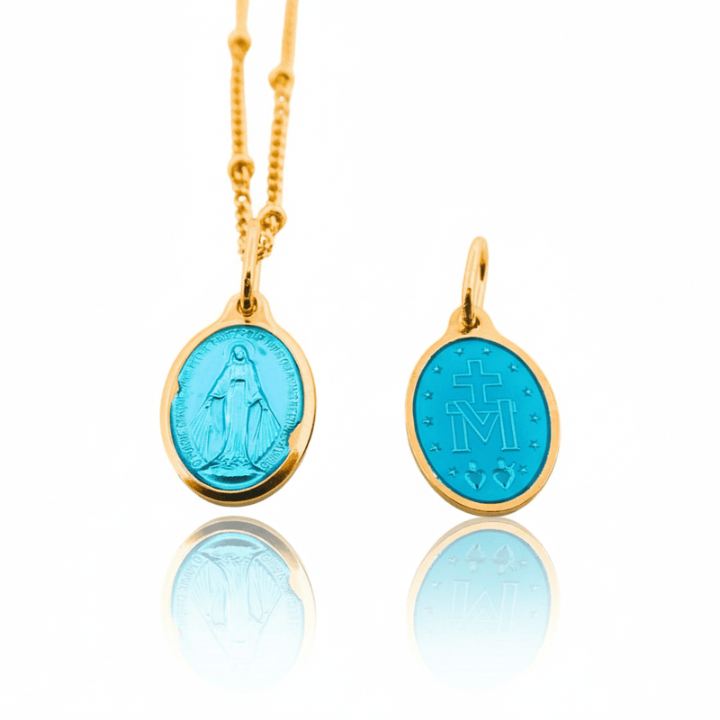 Gold - Plated & Blue Enamel Miraculous Medal Necklace 18" | France | Rue du Bac - Guadalupe Gifts