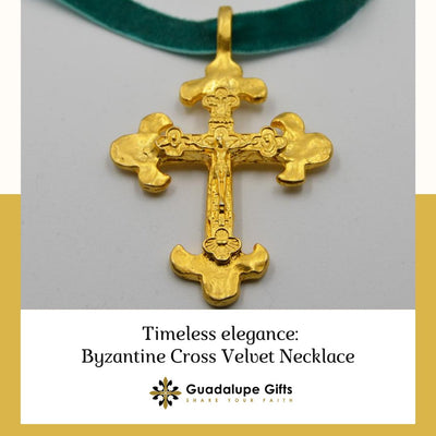 Gold-Plated Byzantine Cross Garnet Velvet Necklace 18-inch - Guadalupe Gifts