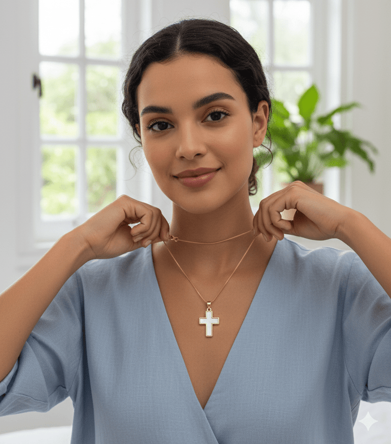 Gold - Plated Cross Necklace w/ Mother - of - Pearl 18 - inch - Guadalupe Gifts