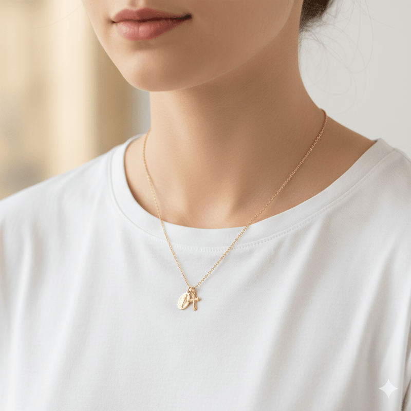 Gold - Plated Dainty Miraculous Medal and Cross Charm Necklace 18 - inch - Guadalupe Gifts