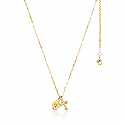 Gold - Plated Dainty Miraculous Medal and Cross Charm Necklace 18 - inch - Guadalupe Gifts