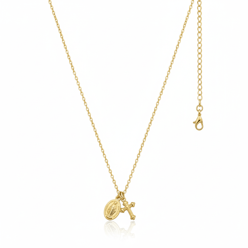 Gold - Plated Dainty Miraculous Medal and Cross Charm Necklace 18 - inch - Guadalupe Gifts