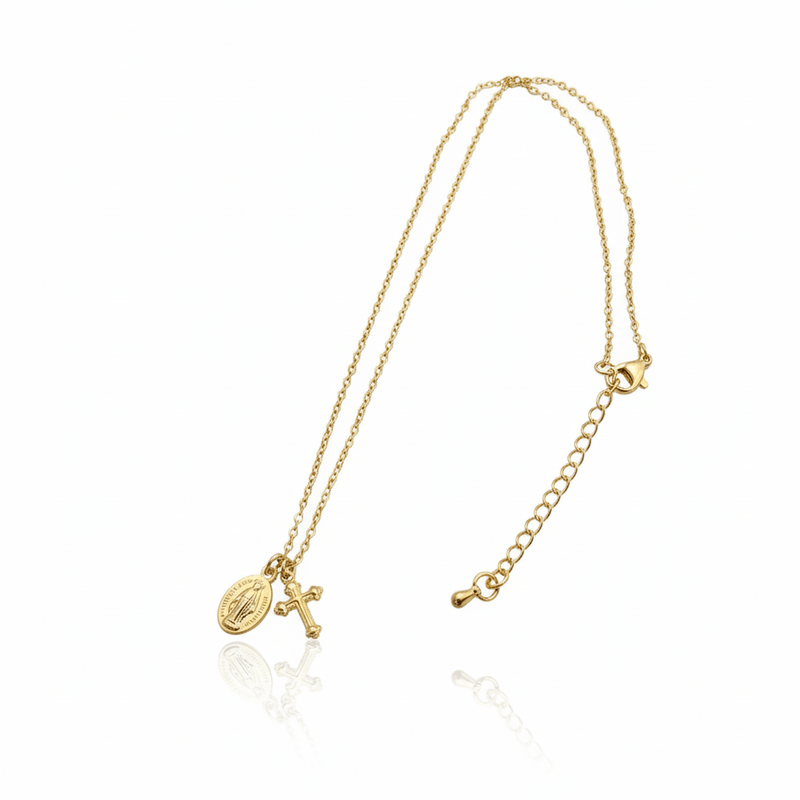 Gold - Plated Dainty Miraculous Medal and Cross Charm Necklace 18 - inch - Guadalupe Gifts