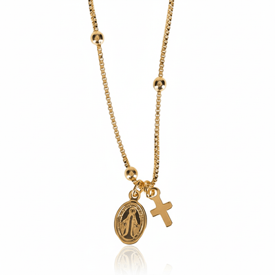 Gold - Plated Dainty Virgin Mary Charm Beaded Necklace 18 - inch - Guadalupe Gifts