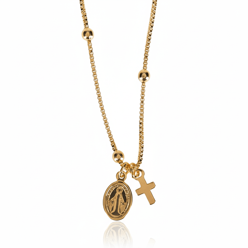 Gold - Plated Dainty Virgin Mary Charm Beaded Necklace 18 - inch - Guadalupe Gifts