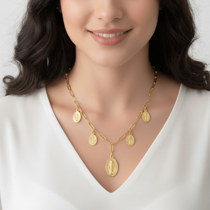 18K Gold Plated Miraculous Medal Paperclip Necklace | 5 Medals