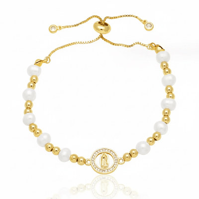 Gold - Plated Guadalupe Adjustable Bracelet w/ Guadalupe Medal & Pearls 7.5 - inch - Guadalupe Gifts