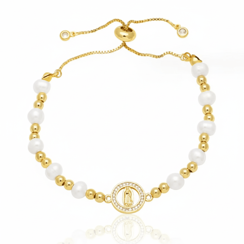 Gold - Plated Guadalupe Adjustable Bracelet w/ Guadalupe Medal & Pearls 7.5 - inch - Guadalupe Gifts